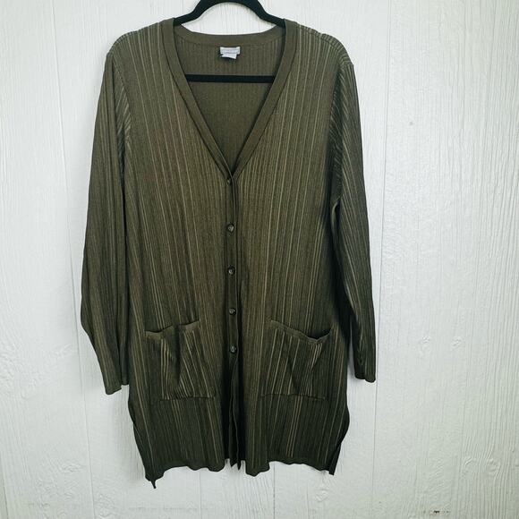 Chico's Flat-Back Ribbed Cardigan Sweater Green Button Front Pockets Women SZ 2 - Picture 10 of 10